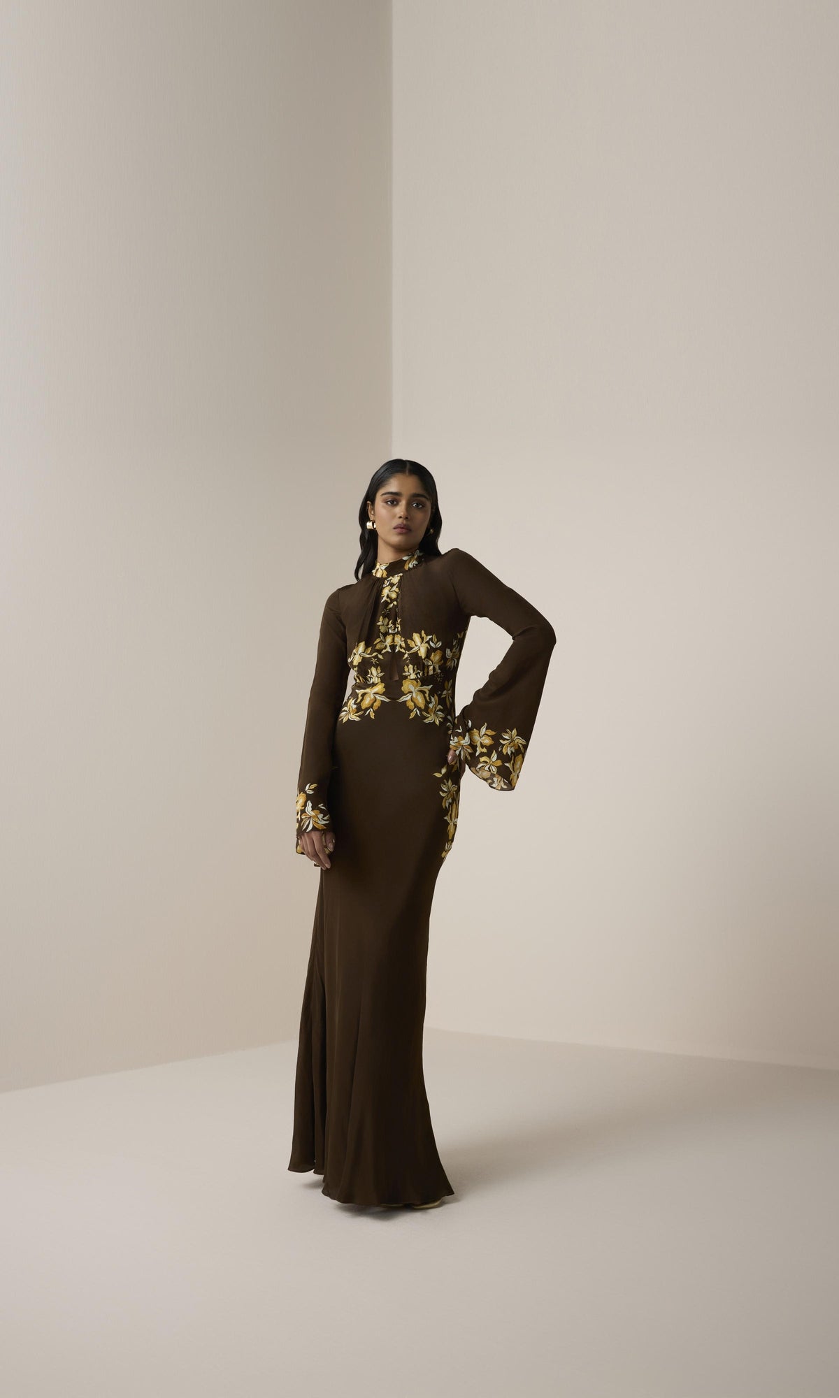 Womens | Bota Viscose Natural Crepe Long Ruffle Kaftan | Brown