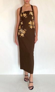 Womens | Bota Linen Cotton Halter Straps Ankle Length Dress | Brown