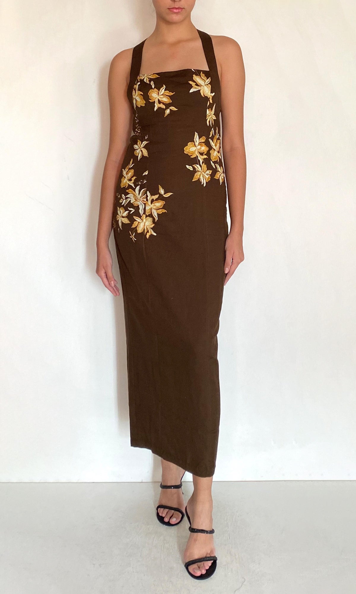 Womens | Bota Linen Cotton Halter Straps Ankle Length Dress | Brown
