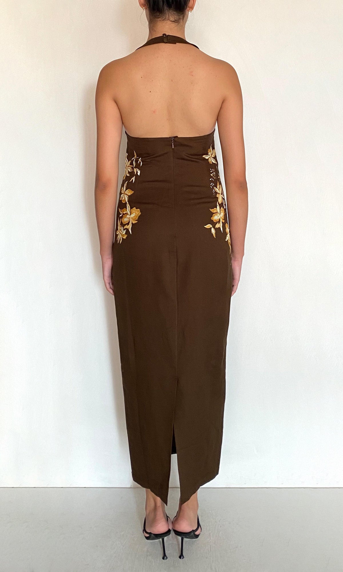 Womens | Bota Linen Cotton Halter Straps Ankle Length Dress | Brown