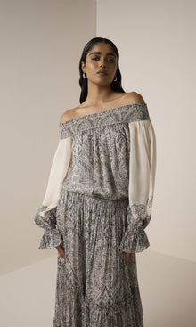 Womens | Chavi Viscose Flat Chiffon Smocked Detail Off Shoulder Top | Eggshell