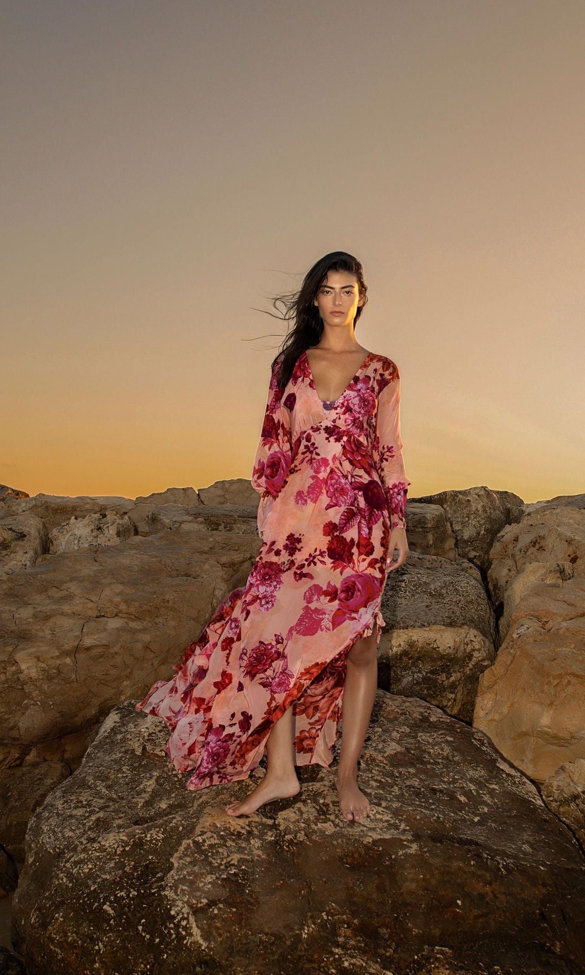 Womens | Dali Viscose Crepe Flat Chiffon Kaftan With Slip | Pink
