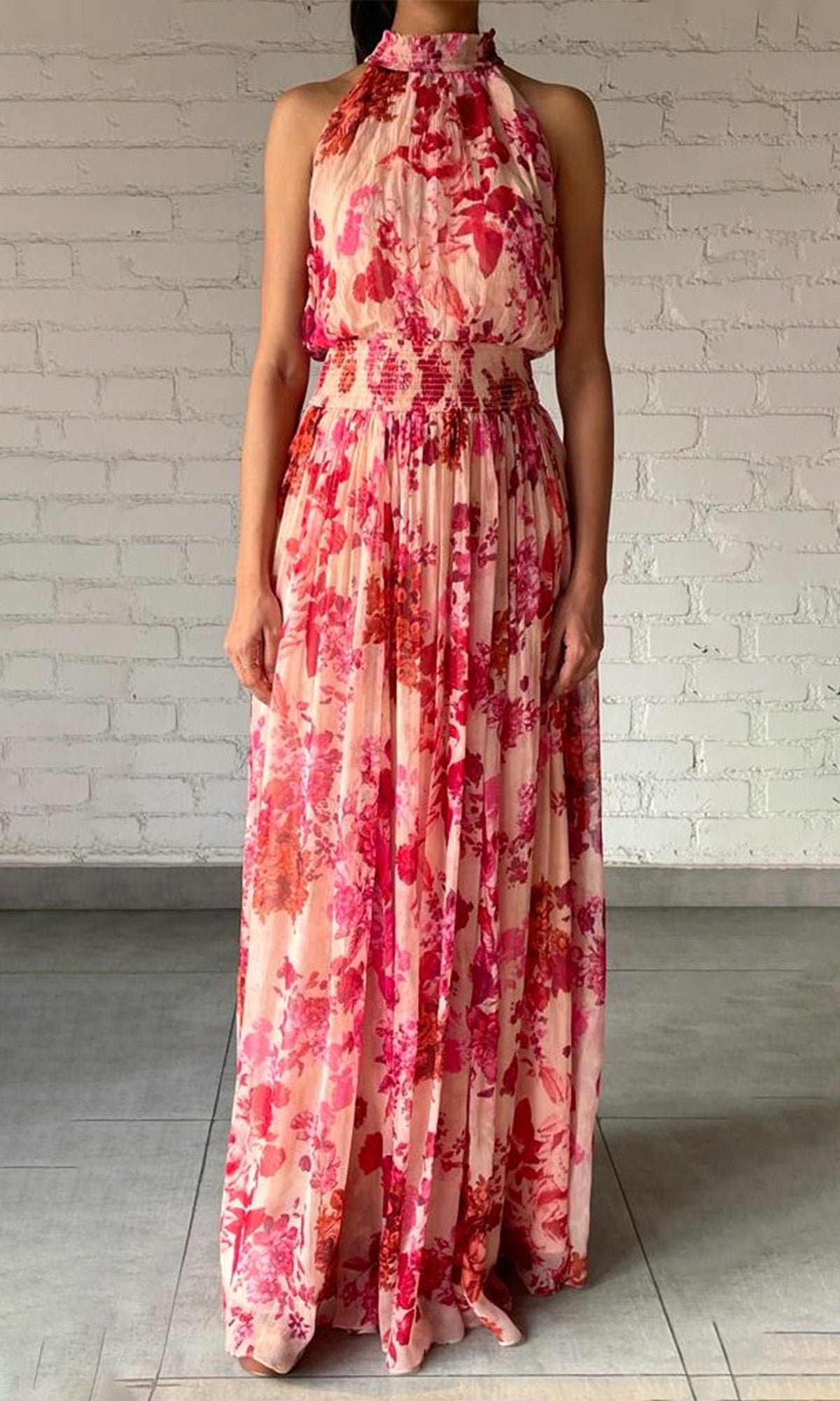 Womens | Dali Viscose Crinkle Chiffon Long Dress | Pink