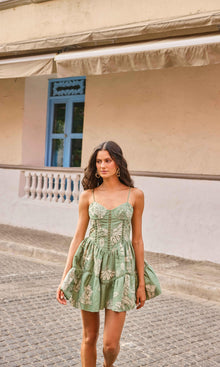 Womens | Dara Linen Cotton Short Dress With Highlight Emb | Green