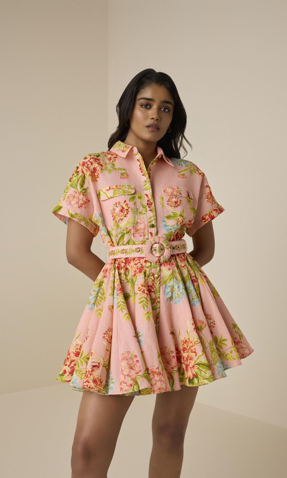 Womens | Dhun Linen Cotton Short Dress With Buckle Belt | Multi