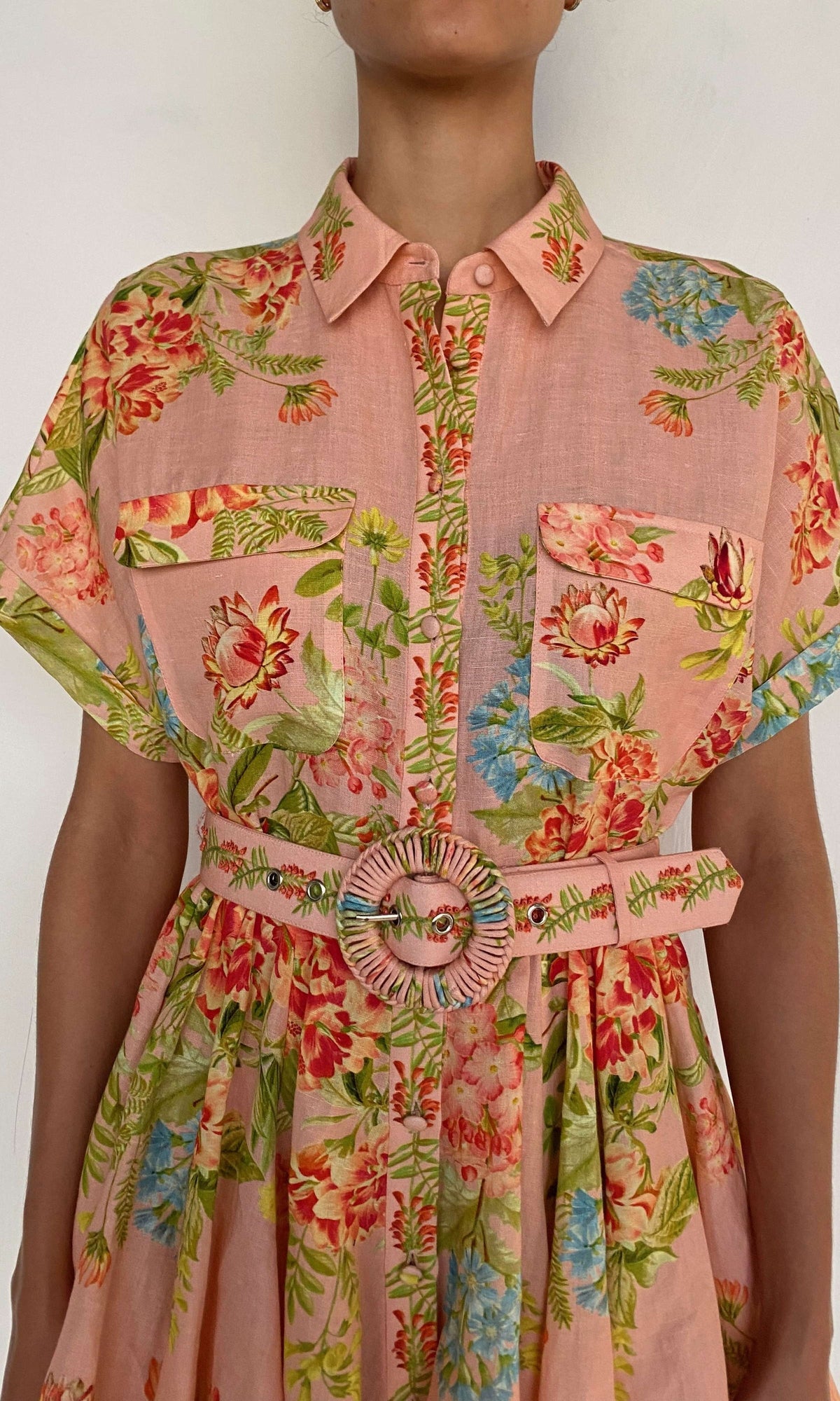 Womens | Dhun Linen Cotton Short Dress With Buckle Belt | Multi
