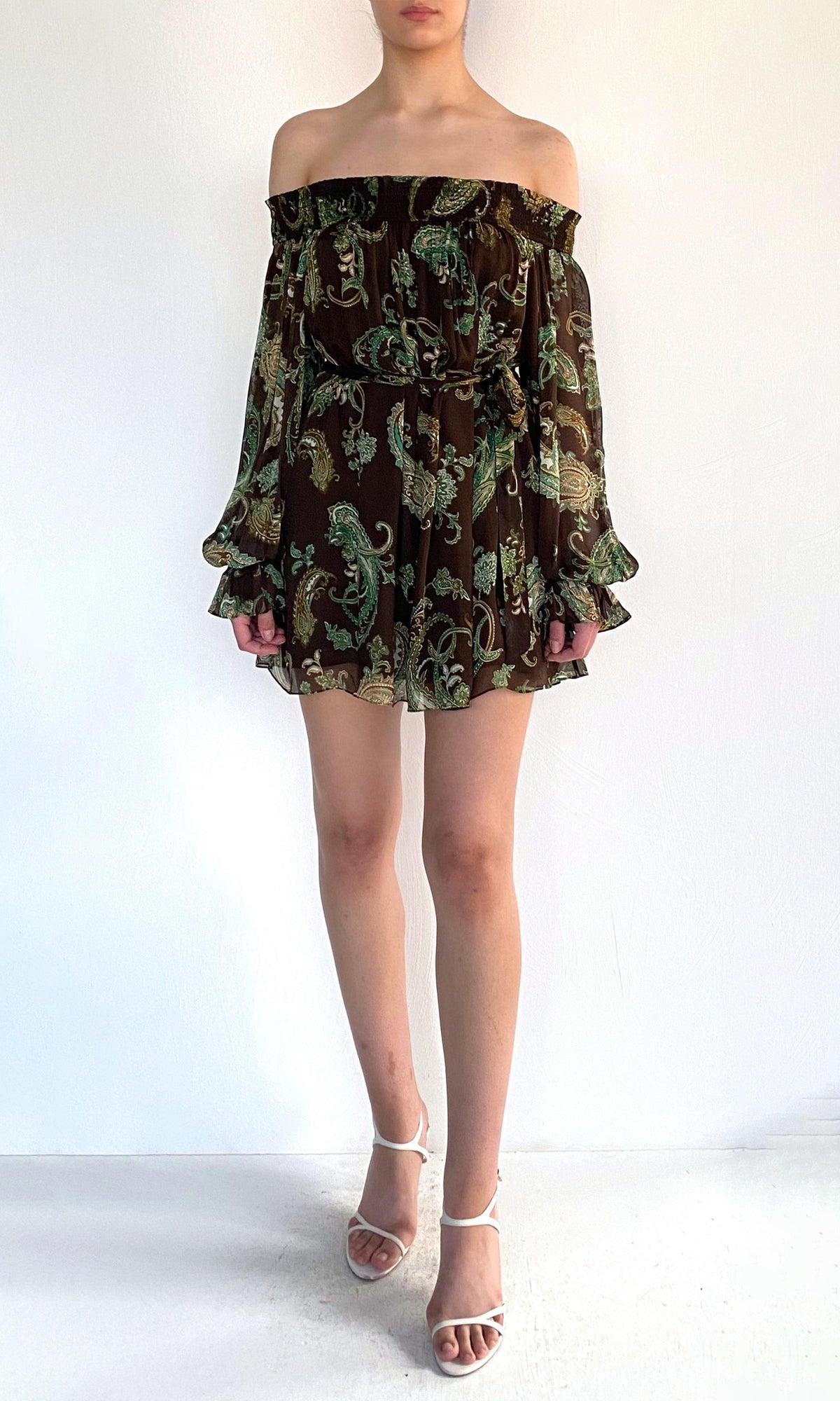 Womens | Dira Viscose Flat Chiffon Smocked Mini Dress | Dark Brown