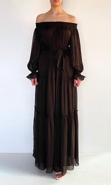 Womens | Dira Viscose Flat Chiffon Maxi Dress | Dark Brown