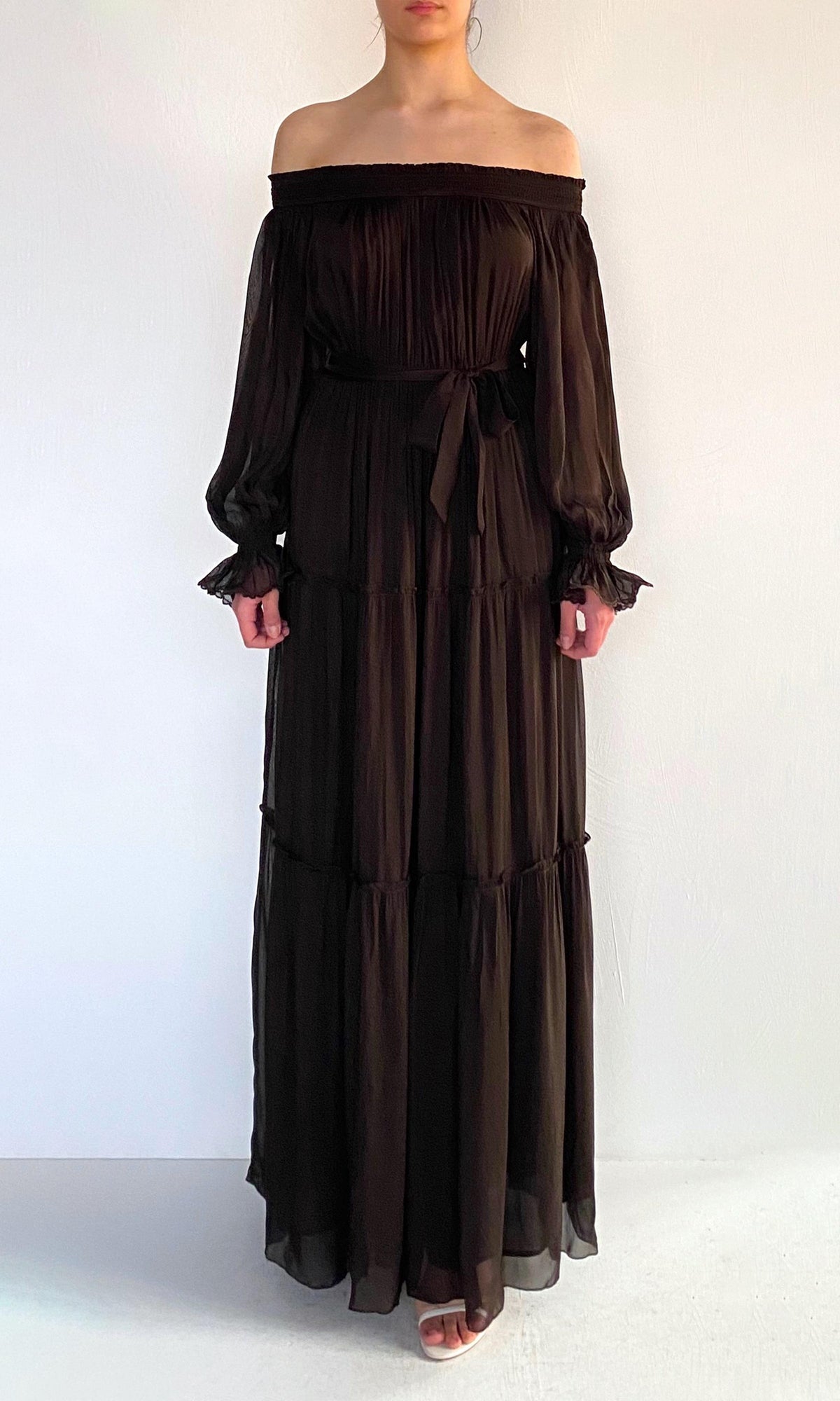 Womens | Dira Viscose Flat Chiffon Maxi Dress | Dark Brown