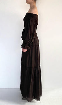 Womens | Dira Viscose Flat Chiffon Maxi Dress | Dark Brown