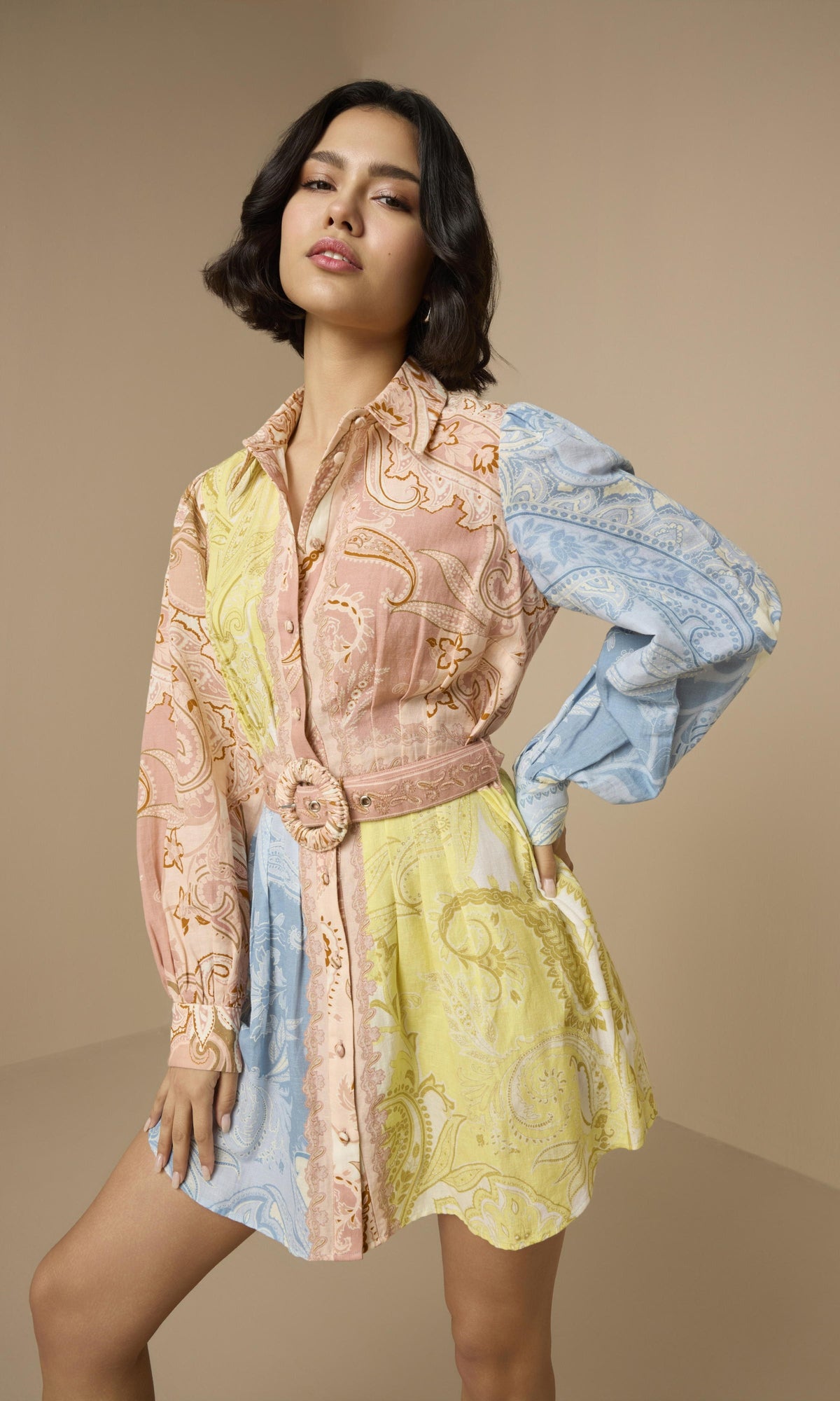 Womens | Fiza Linen Cotton Short Dress With Buckle Belt | Multi