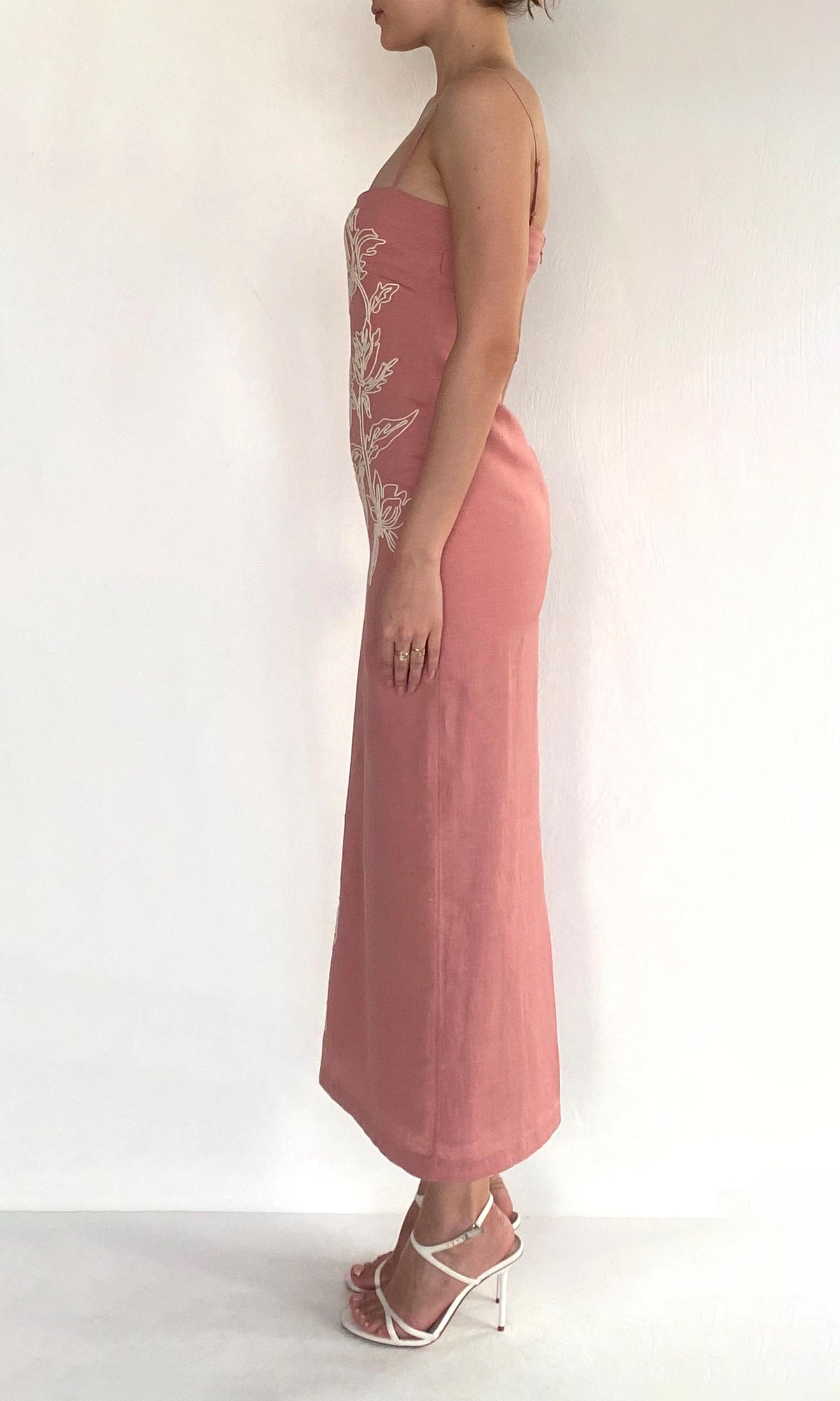 Womens | Gul Linen Cotton Strappy Midi Dress | Dusty Pink