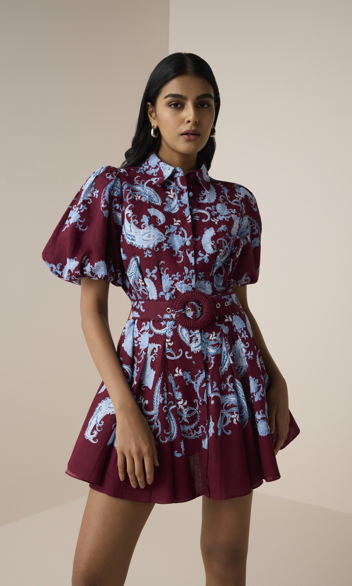 Womens | Hiba Linen Cotton Collared Mini Shirt Dress | Merlot