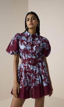 Womens | Hiba Linen Cotton Collared Mini Shirt Dress | Merlot