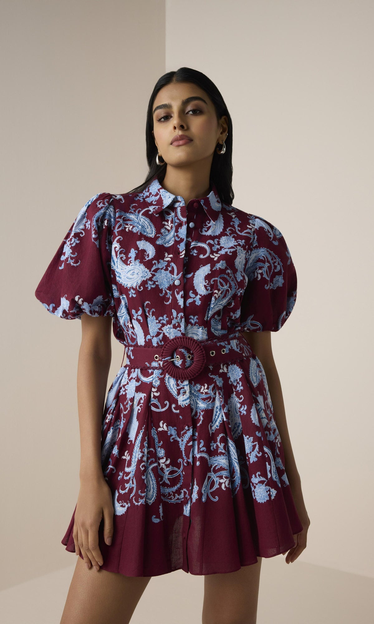 Womens | Hiba Linen Cotton Collared Mini Shirt Dress | Merlot