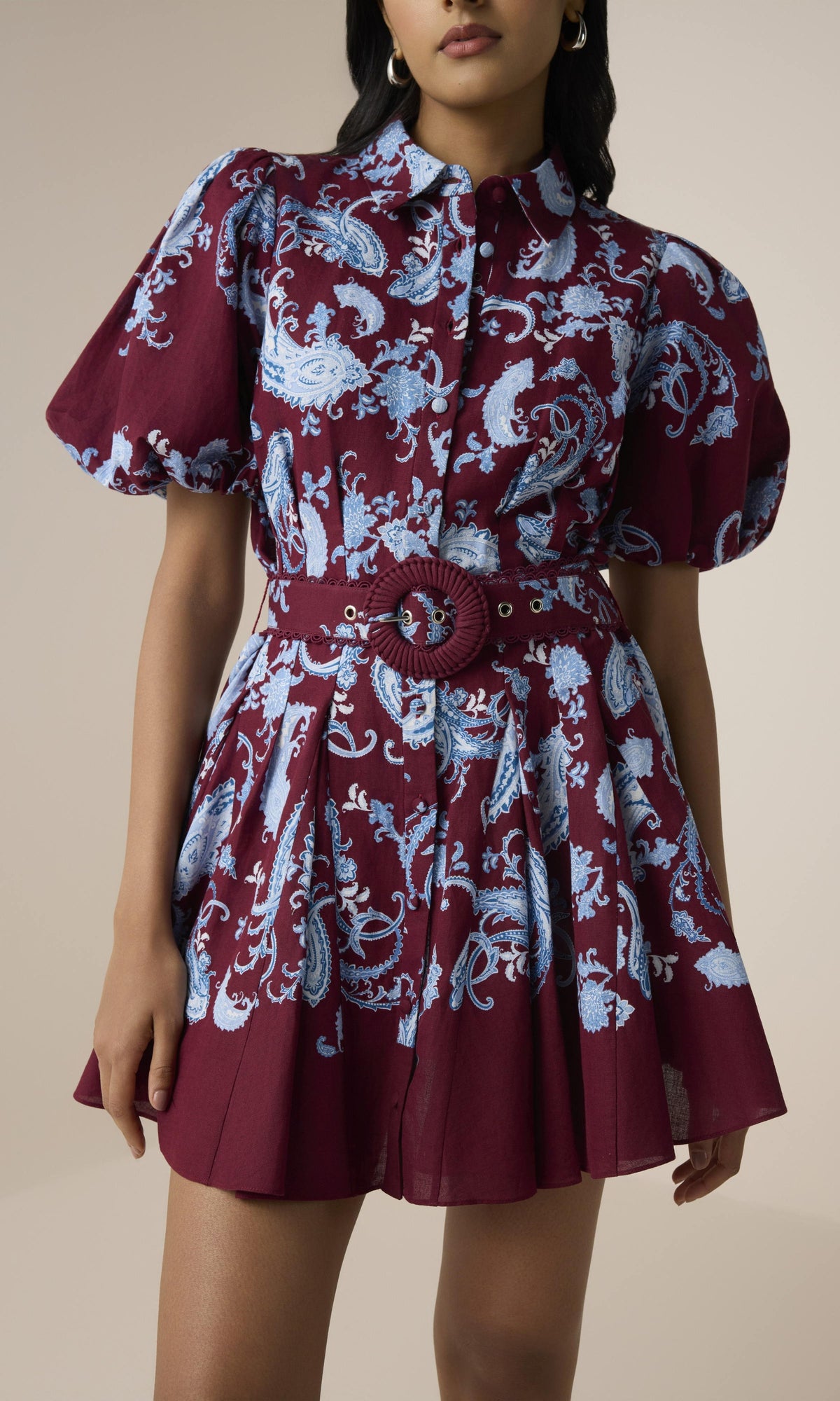 Womens | Hiba Linen Cotton Collared Mini Shirt Dress | Merlot