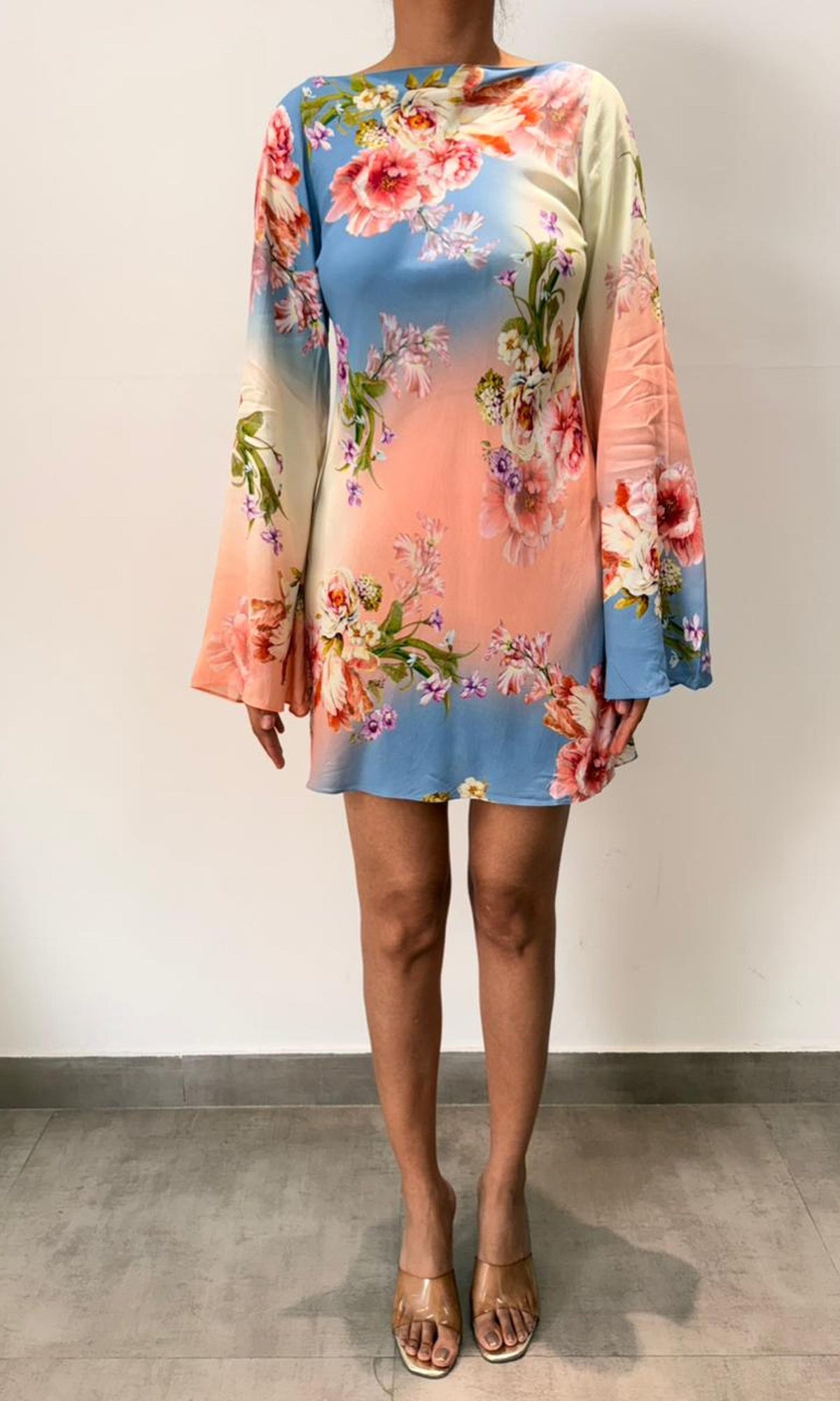 Womens | Inv Viscose Heavy Crepe Short Dress With Flared Bell Sleeves | Pink Floral