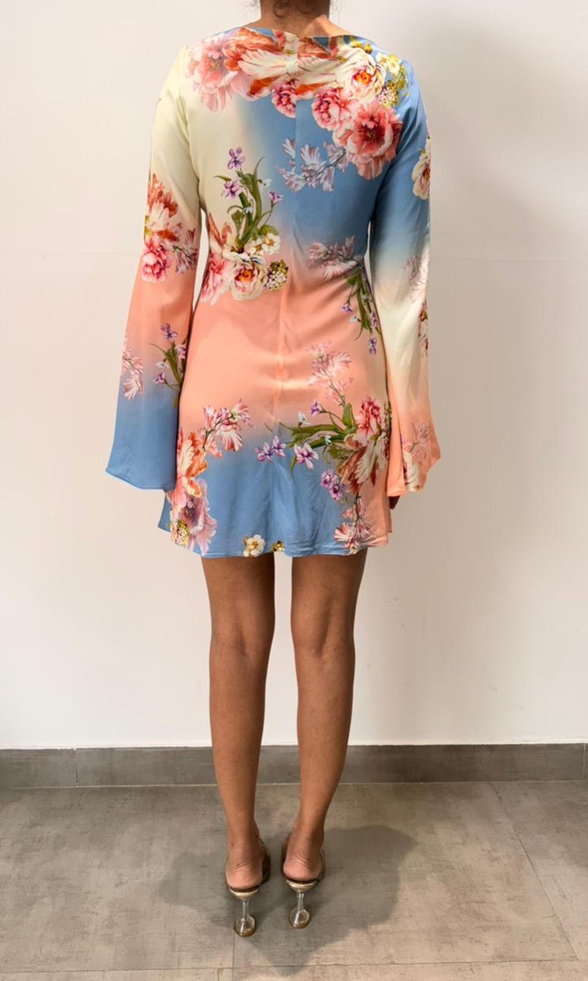 Womens | Inv Viscose Heavy Crepe Short Dress With Flared Bell Sleeves | Pink Floral