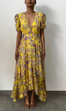 Womens | Inv Valvet Lurex Strips Long Dress With Puff Sleeeve | Yellow Floral