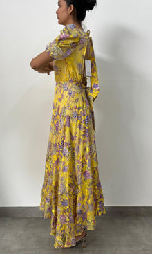 Womens | Inv Valvet Lurex Strips Long Dress With Puff Sleeeve | Yellow Floral