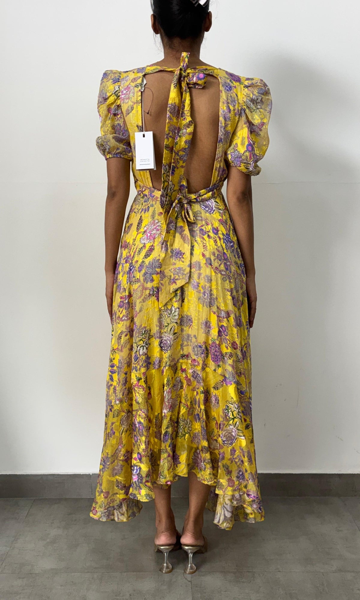 Womens | Inv Valvet Lurex Strips Long Dress With Puff Sleeeve | Yellow Floral