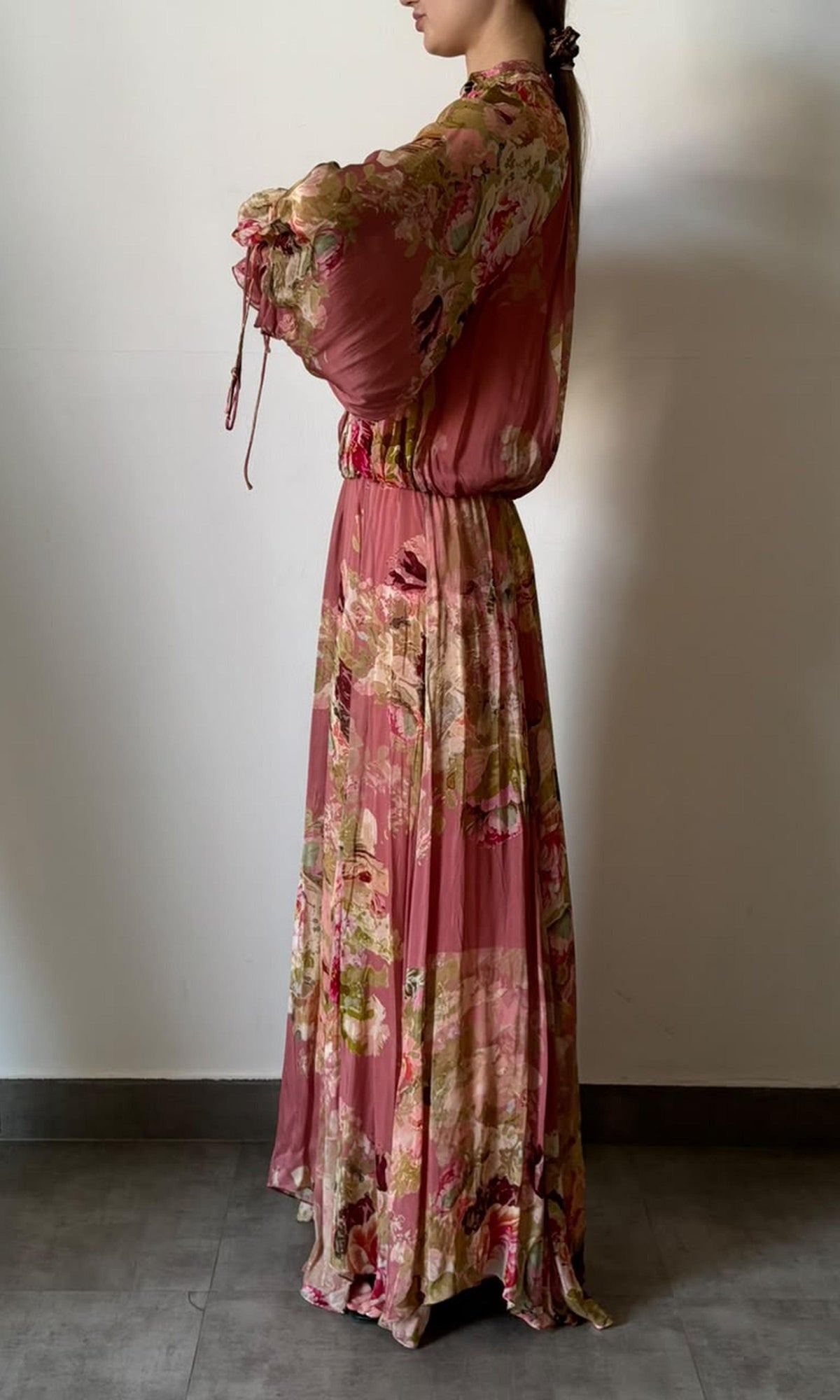 Womens | Inv Viscose Chiffone Flat Long Sleeves Pleated Maxi Dress | Dusty Pink