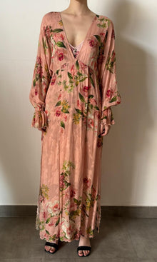 Womens | Inv Viscose Flower Jaquard Deep Neck Long Dress | Pink
