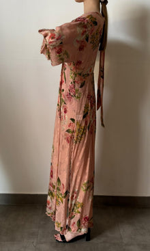 Womens | Inv Viscose Flower Jaquard Deep Neck Long Dress | Pink