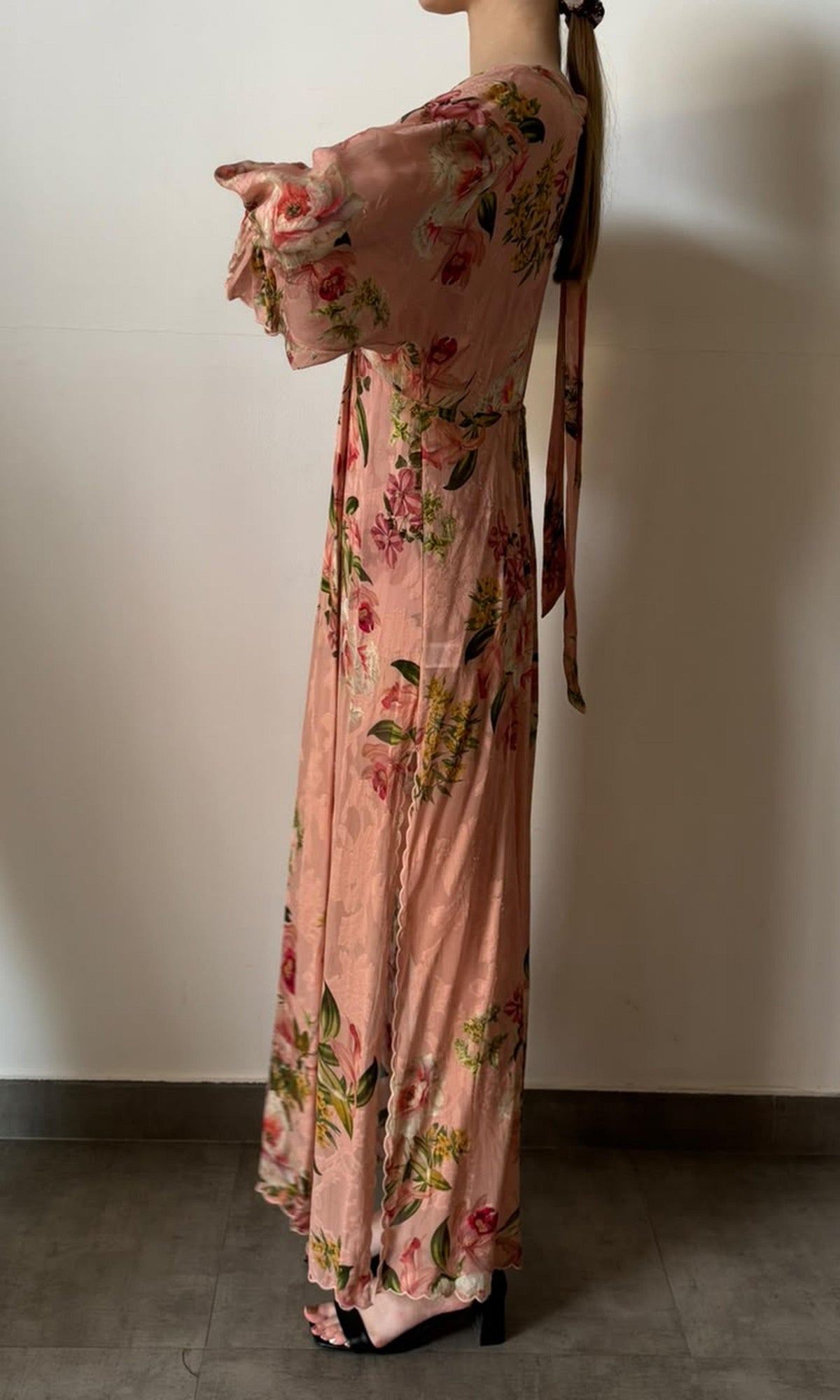 Womens | Inv Viscose Flower Jaquard Deep Neck Long Dress | Pink