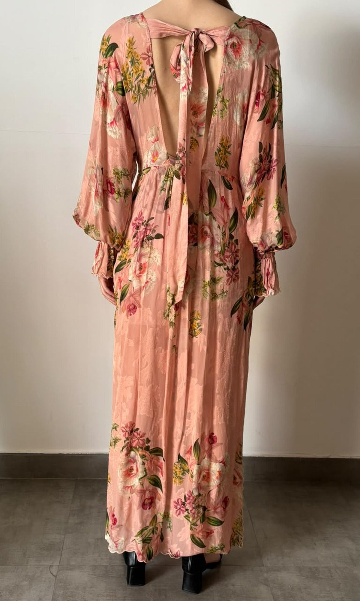 Womens | Inv Viscose Flower Jaquard Deep Neck Long Dress | Pink