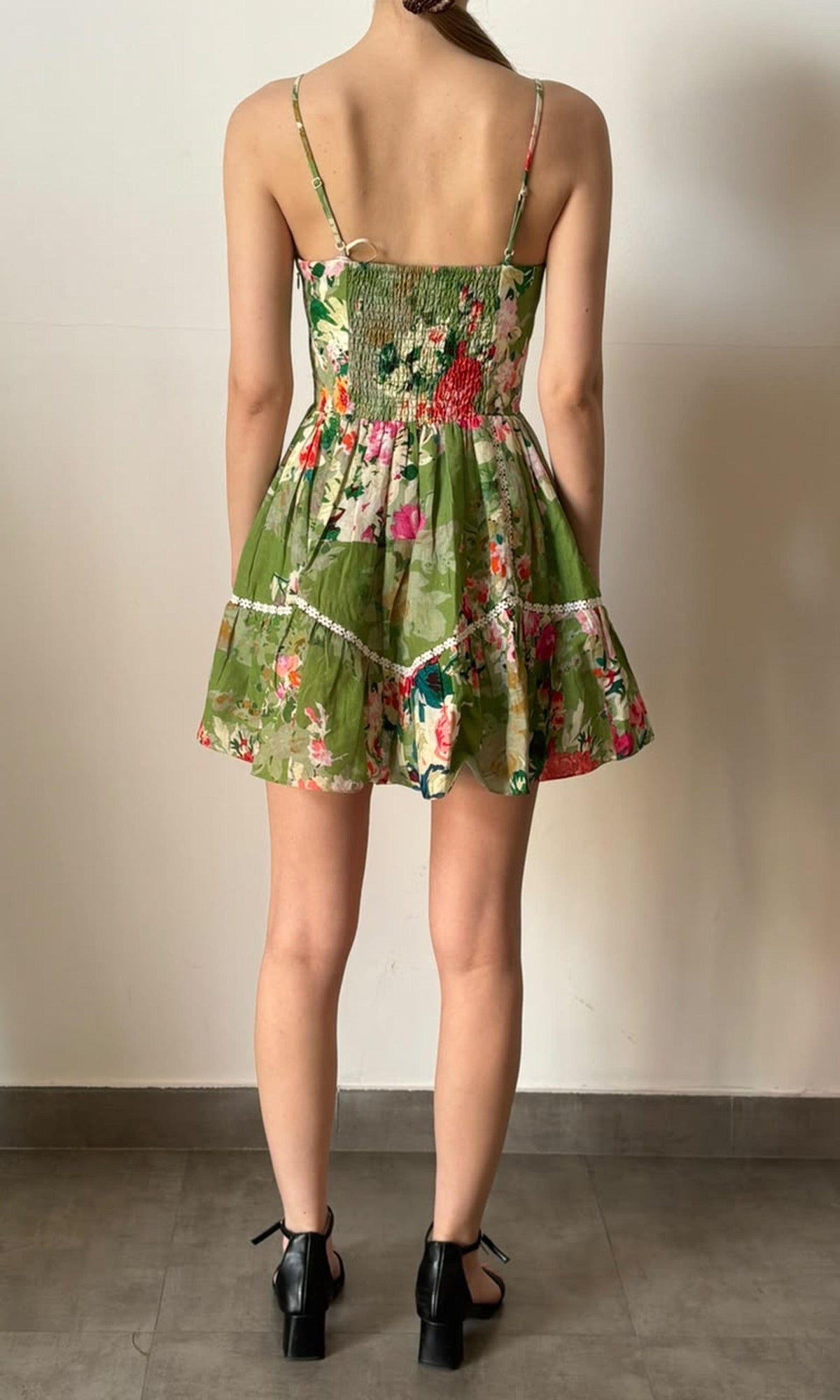 Womens | Inv Linen Cotton Spaghetti Strap Short Dress | Green Floral