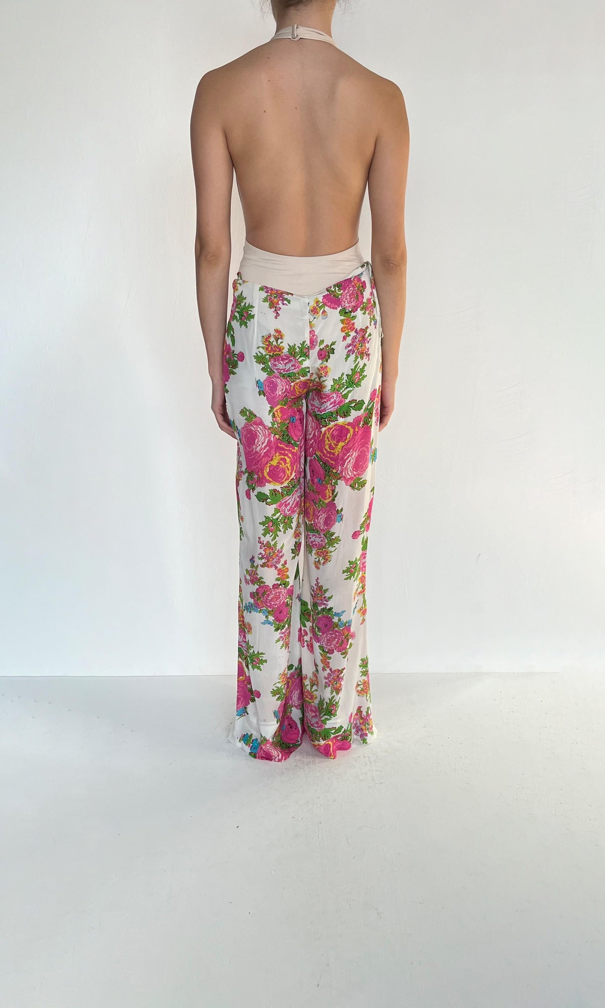 Womens | Inv Polyester Satin Lycra Floral Pants | White