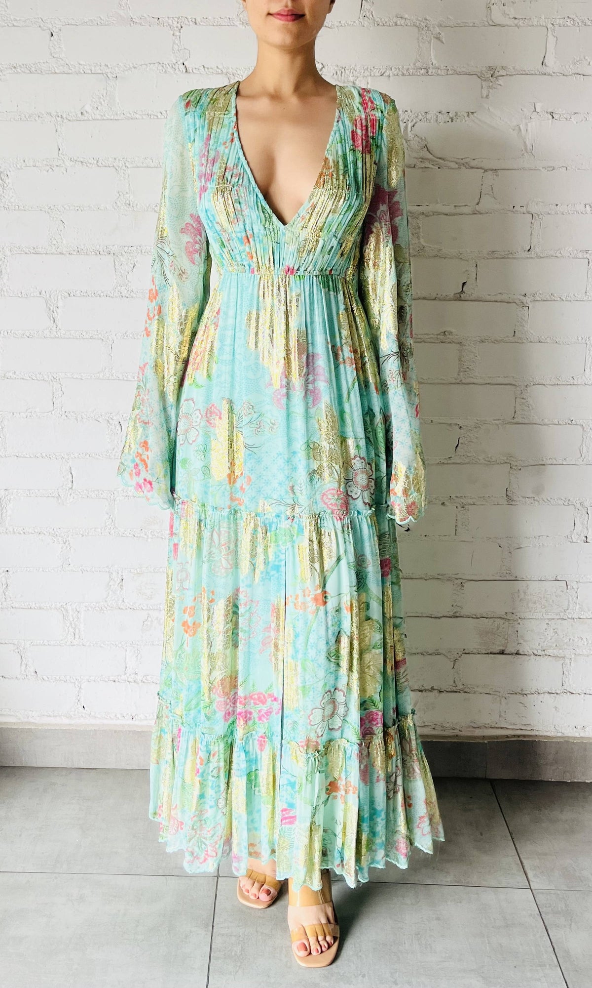 Womens | Inv Viscose Chain Boota Lurex Long Dress | Green
