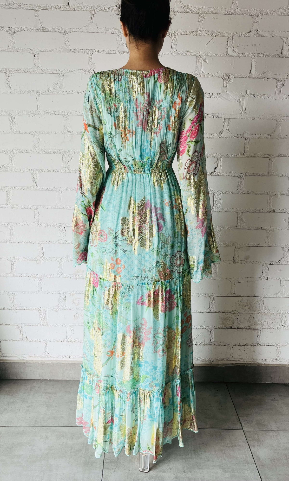 Womens | Inv Viscose Chain Boota Lurex Long Dress | Green