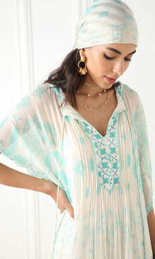Womens | Jarun Viscose Gold Thin Stripe Lurex Georgette Kaftan | White Blue
