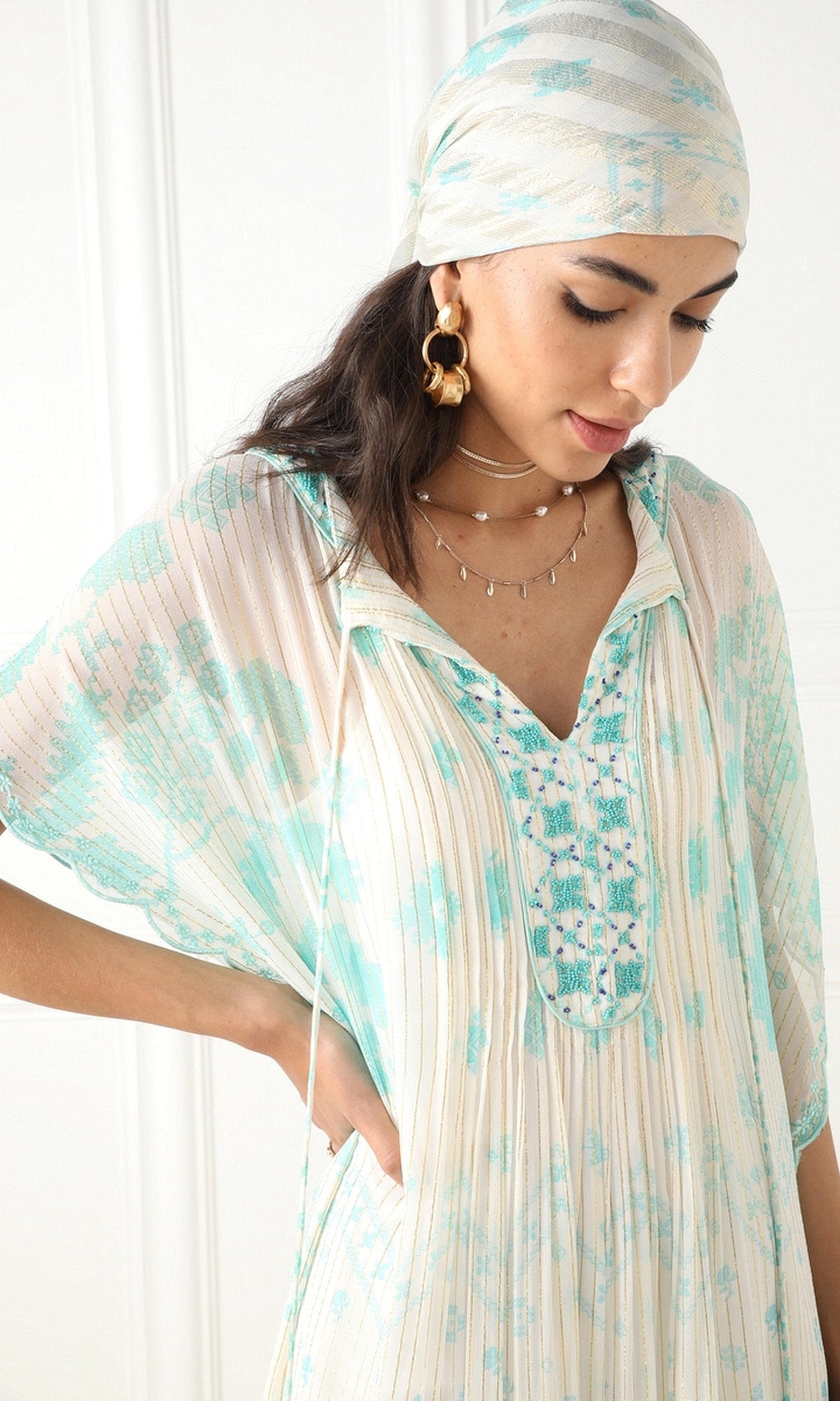 Womens | Jarun Viscose Gold Thin Stripe Lurex Georgette Kaftan | White Blue
