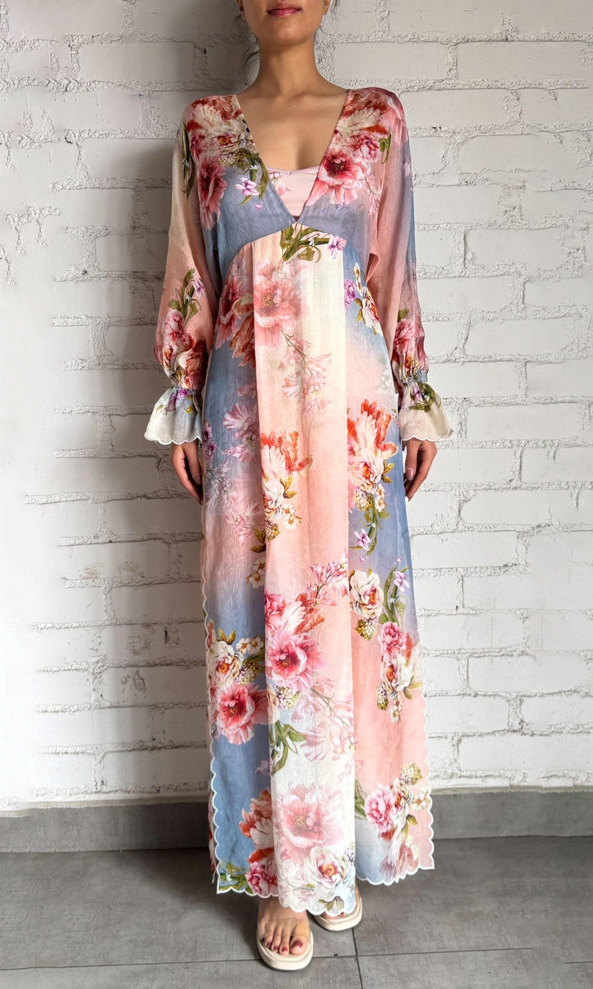 Womens | Kavi Georgette Jacquard Kaftan | Blue/Pink Floral