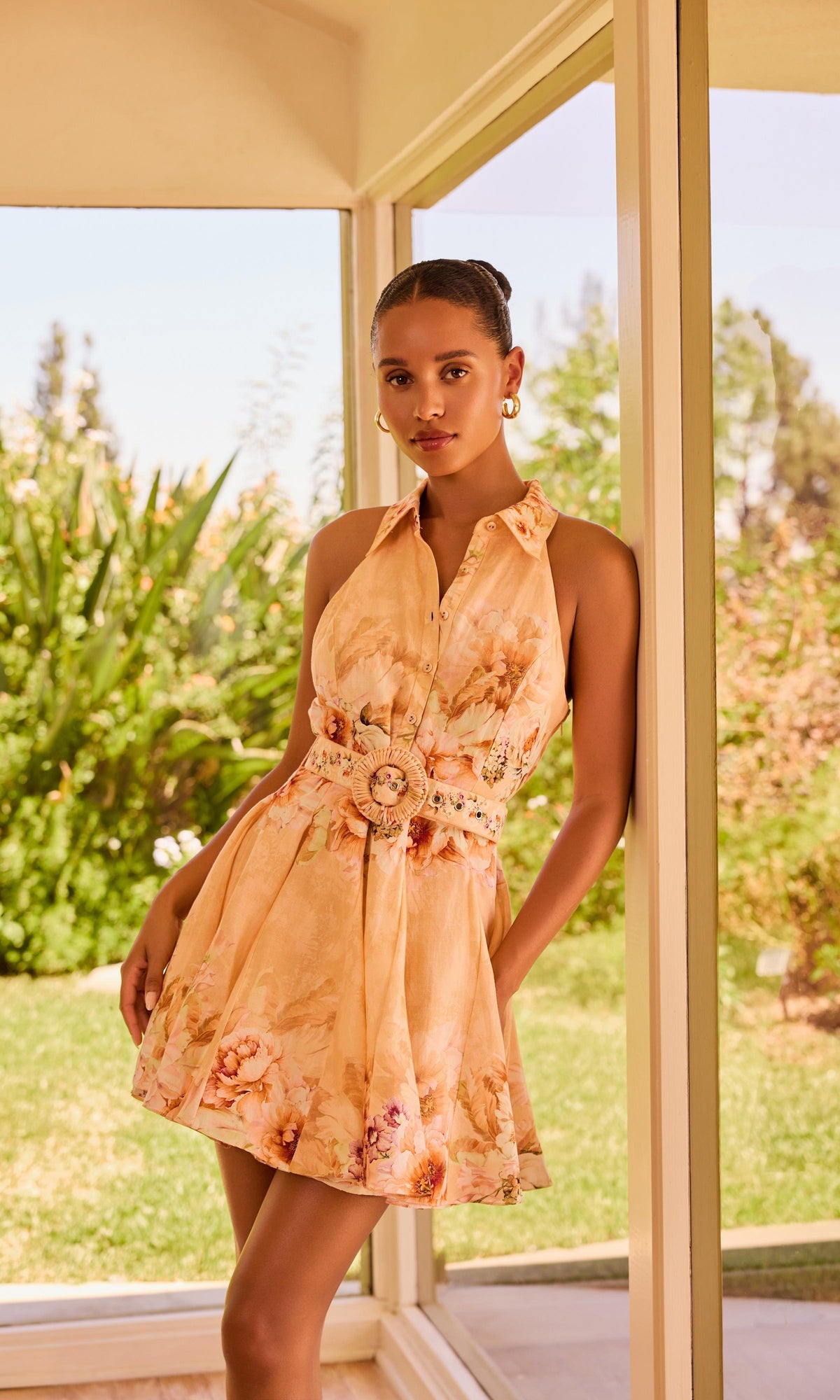 Womens | Kavi Linen Cotton Short Dress With Buckle Belt | Peach Pink