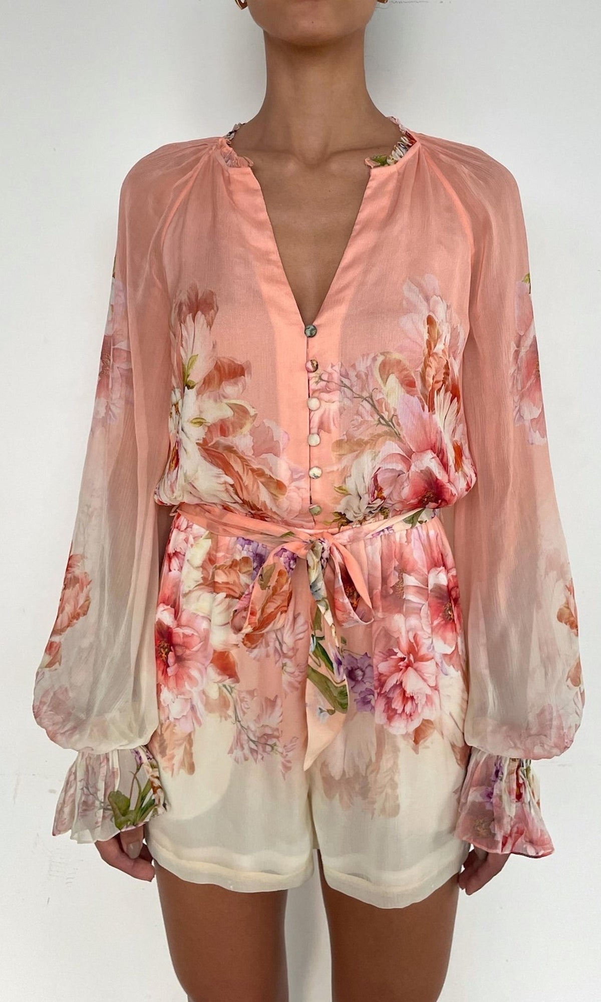 Womens | Kavi Viscose Crinkle Chiffon Romper With Tie Belt | Peach Pink