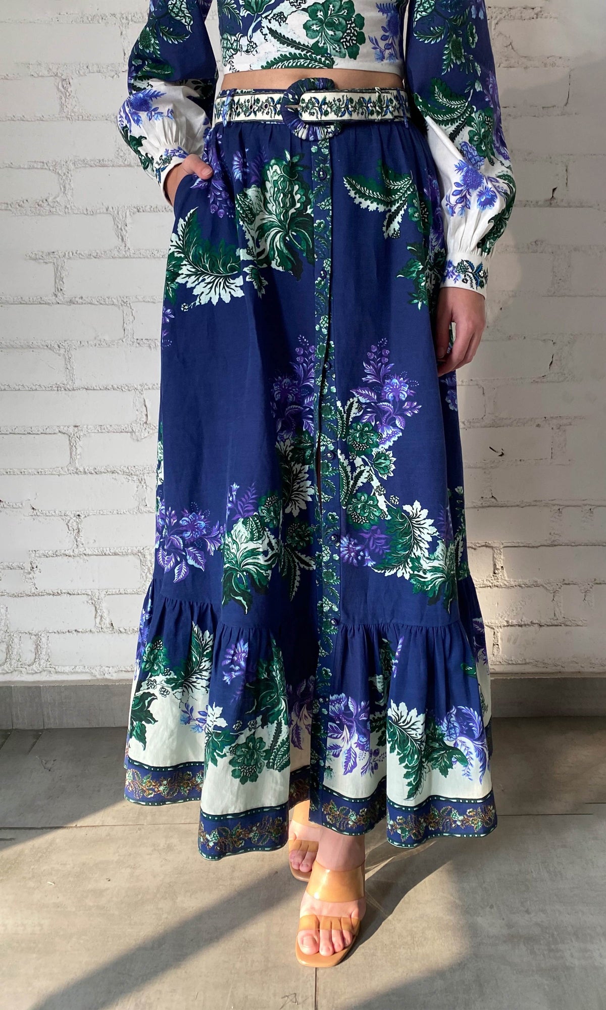 Womens | Keva Linen Cotton Long Skirt With Buckle Belt | Green Blue