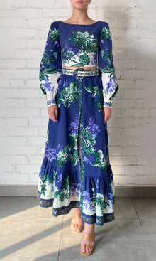 Womens | Keva Linen Cotton Long Skirt With Buckle Belt | Green Blue