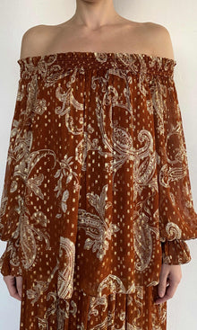 Womens | Leya Viscose Chiffon Gold Lurex Smocked Off Shoudler Top | Multi