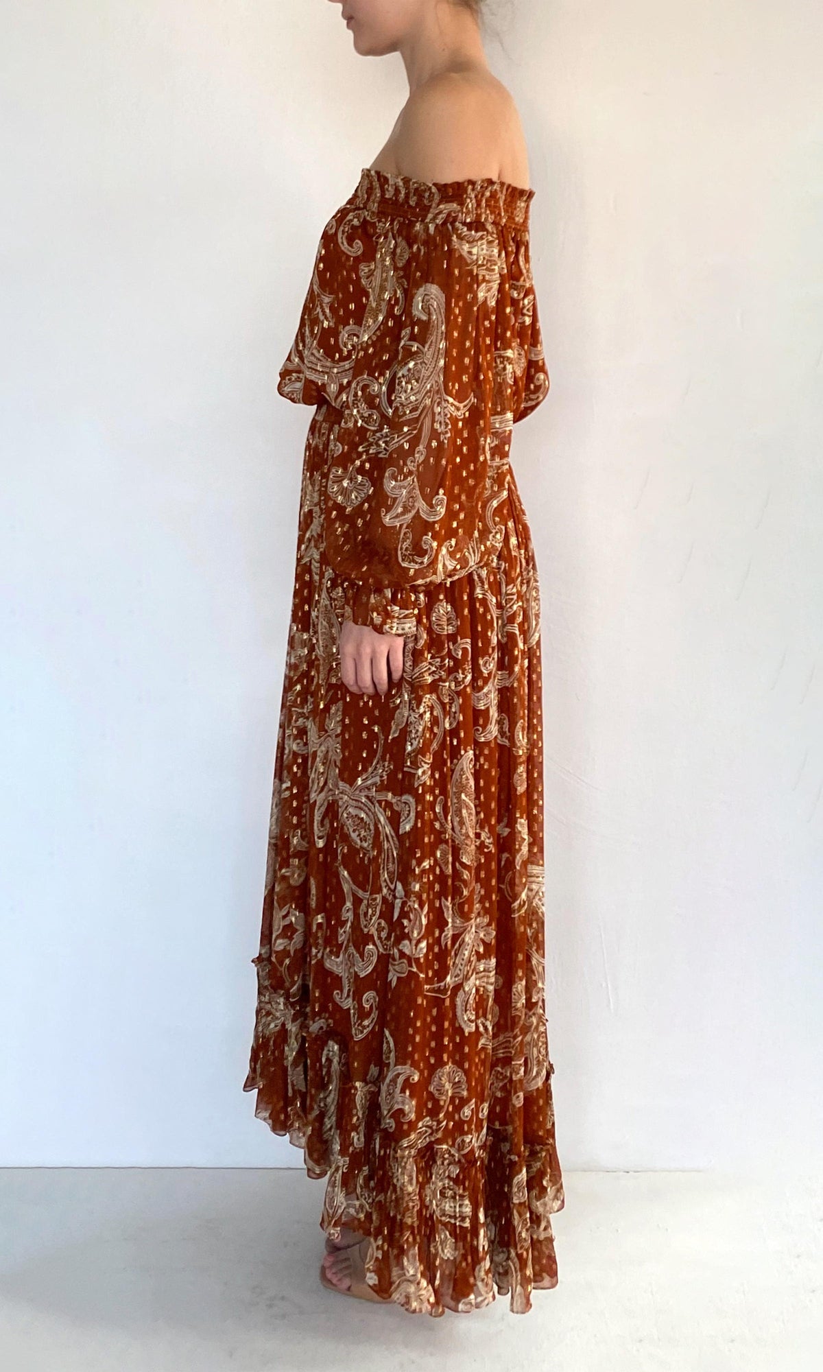 Womens | Leya Viscose Chiffon Gold Lurex Smocked Off Shoudler Top | Multi
