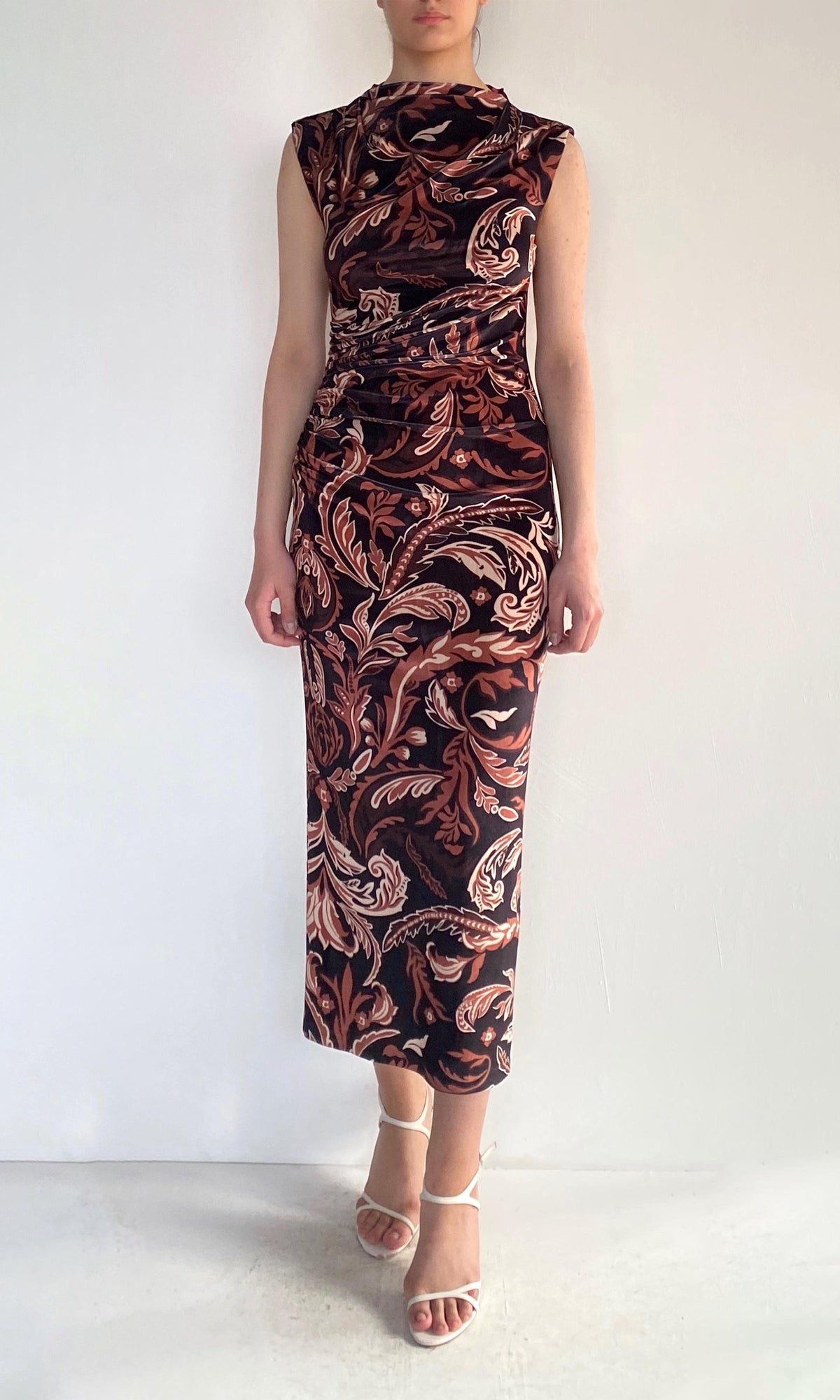 Womens | Lira Polyester Velvet Lycra Mock Neck Midi Dress | Brown