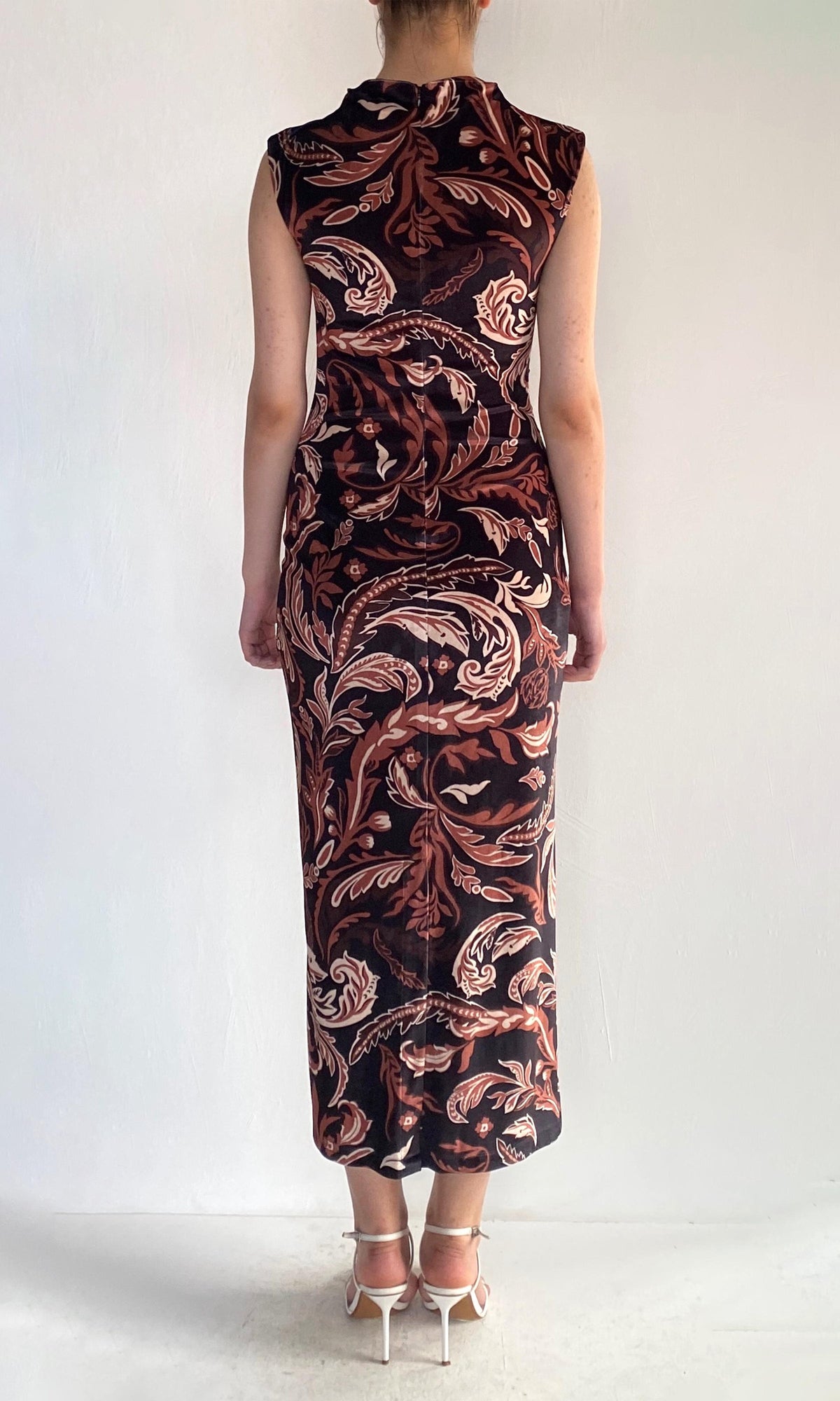 Womens | Lira Polyester Velvet Lycra Mock Neck Midi Dress | Brown