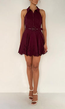 Womens | Mahi Cotton Schiffli Collared Sleeveless Short Dress With Buckle Belt | Burgundy