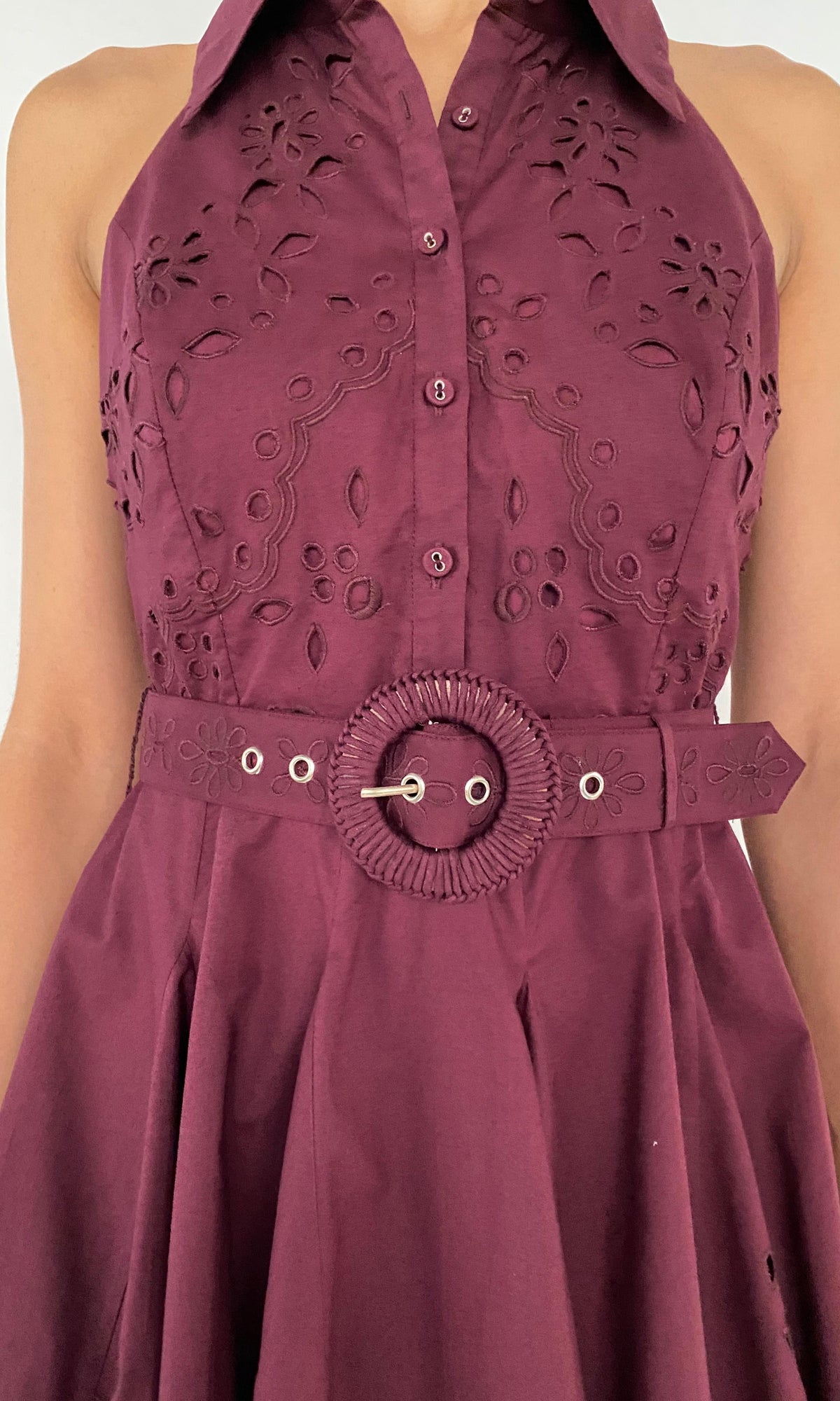 Womens | Mahi Cotton Schiffli Collared Sleeveless Short Dress With Buckle Belt | Burgundy