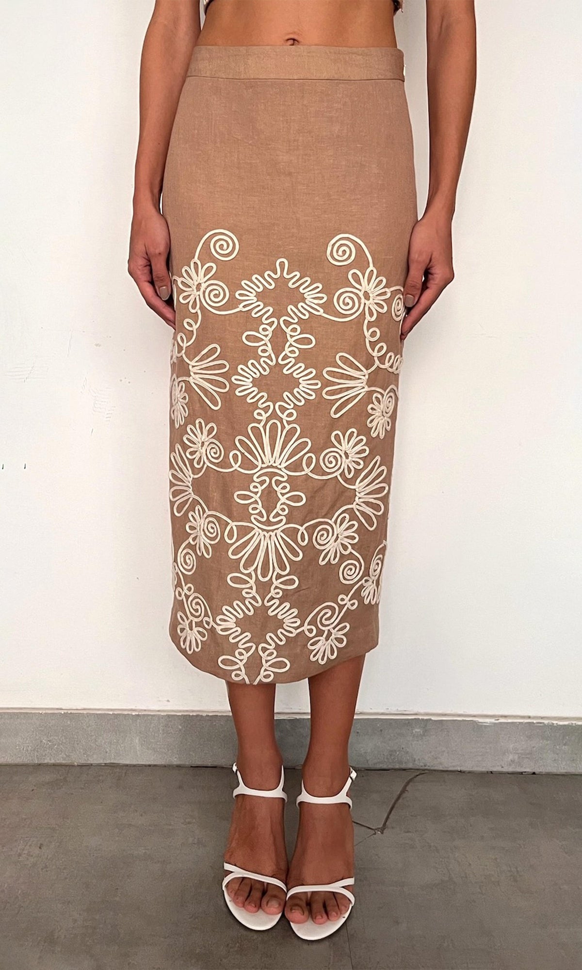 Womens | Mihi Linen Cotton Fitted Midi Skirt | Brown Off White