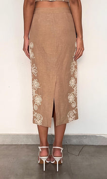 Womens | Mihi Linen Cotton Fitted Midi Skirt | Brown Off White