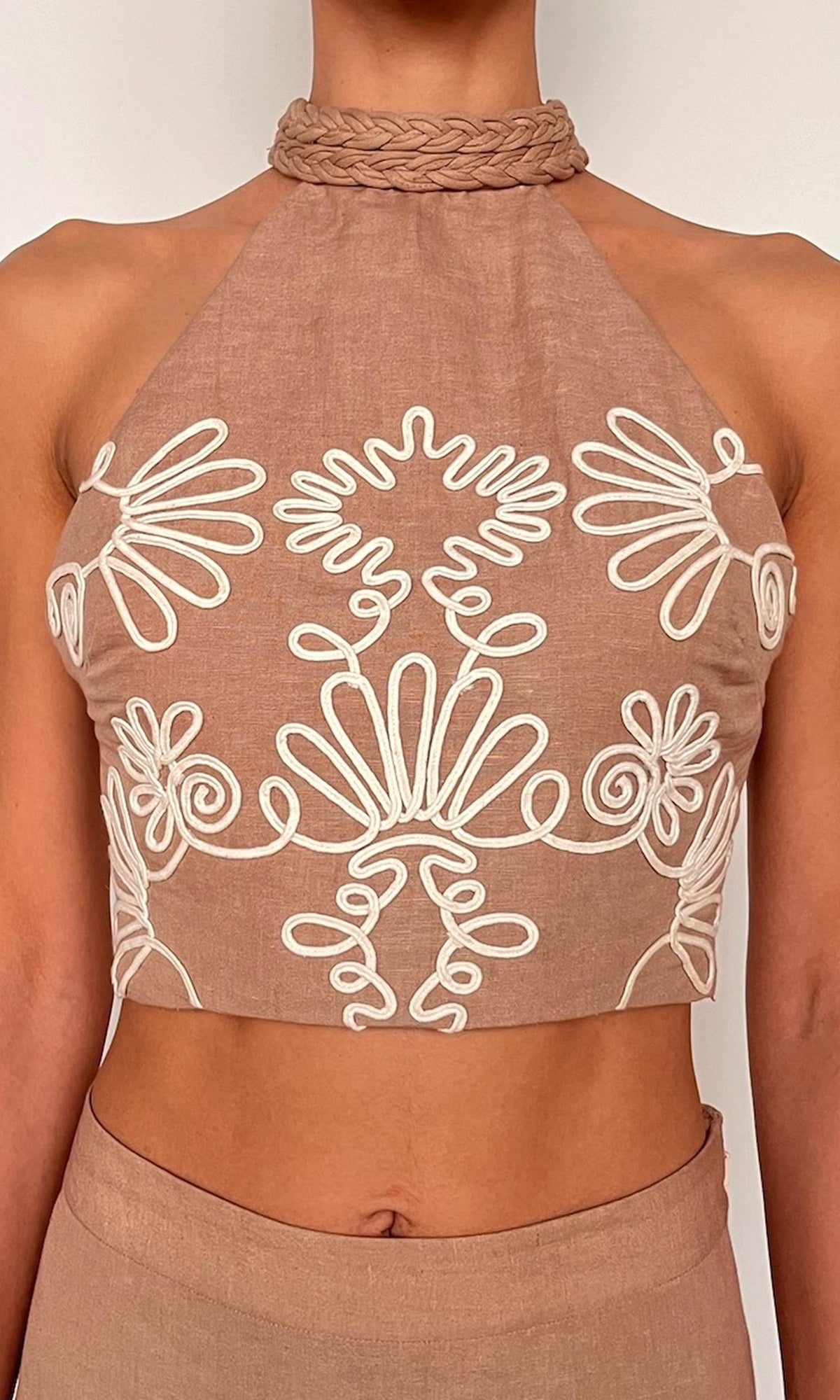 Womens | Mihi Linen Cotton Halter Neck Top | Brown Off White